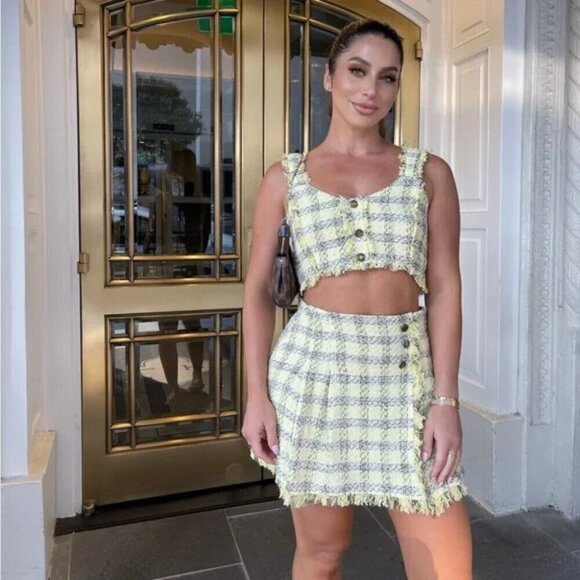 Zara SET Textured Tweed Plaid Crop Top + Skirt Yellow Black Size XS - Picture 2 of 15